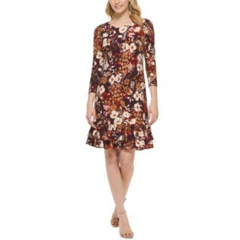 Tommy Hilfiger Trematon Floral Ruffle Hem Shift Dress Burgundy 3/4 Sleeve Size 8